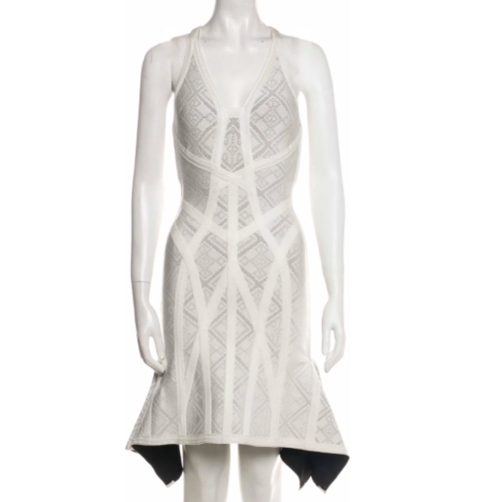 Herve Leger white lace asymmetric midi dress